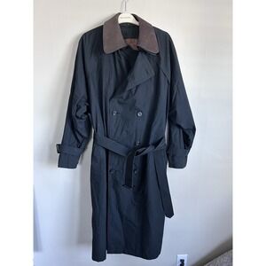 VTG London Fog TOWNE Mens 46R Leather Collar Trench Coat Zip-out Wool Lining
